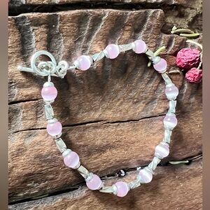 Artisan 925 Pink Cat’s Eye Bracelet Sterling Components Pastel Spring 8.5”